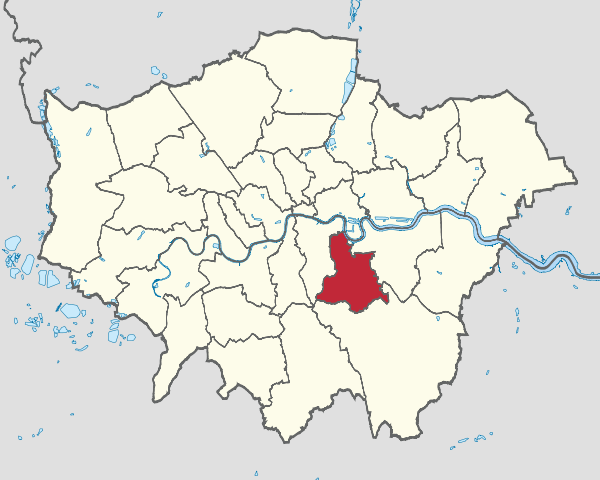 A map of London showing the borough of Lewisham, marked in red